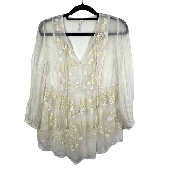 Feathers Bone By Anthropologie Embroidered Ivory Boho Blouse Women’s Size Small - Picture 1 of 9